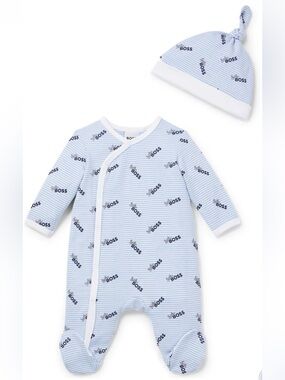 Boss Light Blue Striped Logo Footed Sleep Sack with Hat